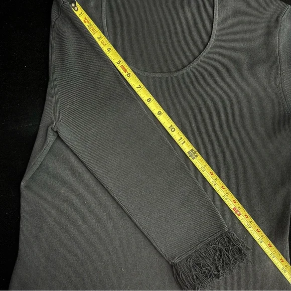 Women’s Black Sweater - Cyrus - Scoop Neck & 3/4 Sleeves with Fringe - Size M - Picture 10 of 16